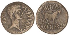 CELTIBERIAN COINS As. ÉPOCA DE AUGUSTO. CELSA. Anv.: COL. V I. CELSA II VIR. Cabeza de Augusto a derecha. Rev.: L. POMPE. BVCCO L. CORNE. FRONT. Toro a derecha. 15,96 grs. AE. (Limpiada). AB-804. (MBC