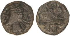 ROMAN COINS: ROMAN REPUBLIC Semis. IMITACIÓN HISPÁNICA DE SEMIS REPÚBLICA ROMANA. Anv.: Cabeza de Saturno a izquierda, detrás S. Rev.: Proa de nave a derecha, encima S, debajo ROMA. 1,89 grs. AE. Páti