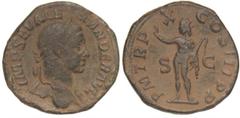 ROMAN COINS: ROMAN EMPIRE Sestercio. Acuñada el 231 d.C. ALEJANDRO SEVERO. Anv.: IMP. SEV. ALEXANDER AVG. Busto laureado a derecha. Rev.: P. M. TR. P. X COS. III P. P. S. C. Sol en pie a izquierda con