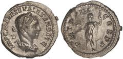 ROMAN COINS: ROMAN EMPIRE Denario. Acuñada el 224 d.C. ALEJANDRO SEVERO. Anv.: IMP. C. M. AVR. SEV. ALEXAND. AVG. Busto laureado a derecha. Rev.: P.M. TR. P. III COS. P. P. Alejandro Severo en pie a i