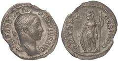 ROMAN COINS: ROMAN EMPIRE Denario. Acuñada el 231-235 d.C. ALEJANDRO SEVERO. Anv.: IMP. ALEXANDER PIVS AVG. Cabeza laureada a derecha. Rev.: P. M. TR. P. X COS. III P. P. Marte en pie a izquierda con 