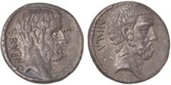 ROMAN COINS: ROMAN REPUBLIC Denario. 54 a.C. JUNIA-30. Q. Caepio Brutus. Anv.: Cabeza de Junnius Brutus el anciano a derecha, detrás BRVTVS. Rev.: Cabeza de Servilius Ahala a derecha, detrás AHALA. 3,
