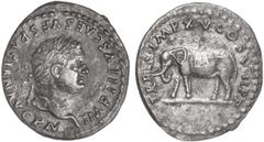 ROMAN COINS: ROMAN EMPIRE Denario. Acuñada el 79-81 d.C. TITO. Anv.: IMP. TITVS CAES. VESPASIAN. AVG. P. M. Cabeza laureada a derecha. Rev.: TR. P. IX IMP. XV COS. VIII P. P. Elefante a izquierda. 2,7