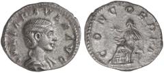 ROMAN COINS: ROMAN EMPIRE Denario. Acuñada el 219d.C. JULIA PAULA. Anv.: IVLIA PAVLA AVG. Busto a derecha. Rev.: CONCORDIA. Concordia sentada a izquierda con pátera; estrella en campo. 2,28 grs.,. AR.