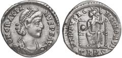 ROMAN COINS: ROMAN EMPIRE Silicua. Acuñada el 367-375 d.C. GRACIANO. TREVERI. Anv.: D. N. GRATIANVS P. F. AVG. Busto diademado a derecha. Rev.: VIRTVS ROMANORVM. En exergo: TRPS. Roma sentada a izquie