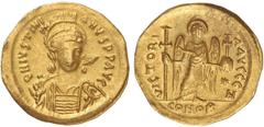 BYZANTINE COINS Sólido. JUSTINIANO I (527-565 d.C.). CONSTANTINOPLA. Anv.: D. N. IVSTINIANVS P. P. AVG. Busto de frente con lanza y escudo. Rev.: VICTORIA AVGGG N. En exergo: CONOB; en el campo estrel