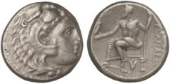GREEK COINS Dracma. 336-323 a.C. ALEJANDRO MAGNO. SARDES. Anv.: Cabeza de Hércules con piel de león a derecha. Rev.: Zeus entronizado a izquierda, E¶I delante, cabeza de león debajo. 4,24 grs. AR. Pri