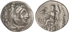 GREEK COINS Dracma. 319-310 a.C. ALEJANDRO MAGNO. Emisión póstuma. COLOFÓN. Anv.: Cabeza de Hércules con piel de león a derecha. Rev.: Zeus entronizado a izquierda, rosa bajo el trono. 4,33 grs. AR. M