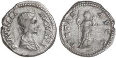 ROMAN COINS: ROMAN EMPIRE Denario. Acuñada el 202-212 d.C. PLAUTILLA. Anv.: PLAVTILLA AVGVSTA. Busto a derecha. Rev.: PIETAS AVGG. Piedad en pie a derecha con cetro y niño en brazos. 3,64 grs. AR. C-1