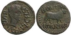 CELTIBERIAN COINS As. ÉPOCA DE AUGUSTO. CELSA. Anv.: COL. V. I. CELSA II VIR. Cabeza de Augusto a derecha. Rev.: L. POMPE. BVCCO L. CORNE. FRO(NT.). Toro a derecha. 12,85 grs. AE. Pátina verde. AB-804
