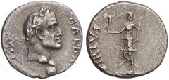 ROMAN COINS: ROMAN EMPIRE Denario. Acuñada el 68-69 d.C. GALBA. TARRACO. Anv.: GALBA IMP. Cabeza laureada a derecha, debajo globo. Rev.: VIRTVS. Valentía en pie a izquierda, con Victoria y parazonium.