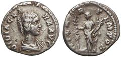 ROMAN COINS: ROMAN EMPIRE Denario. Acuñada el 193 d.C. DIDIA CLARA. Anv.: DIDIA CLARA AVG. Busto a derecha. Rev.: HILAR. TEMPOR. Hilaridad en pie a izquierda, sosteniendo palma y cornucopia. 2,92 grs.