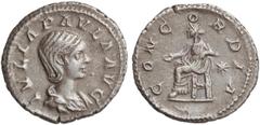 ROMAN COINS: ROMAN EMPIRE Denario. Acuñada el 219 d.C. JULIA PAULA. Anv.: IVLIA PAVLA AVG. Busto a derecha. Rev.: CONCORDIA. Concordia sentada a izquierda, detrás estrella. 2,91 grs. AR. (Leves oxidac