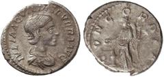 ROMAN COINS: ROMAN EMPIRE Denario. Acuñada el 222 d.C. AQUILIA SEVERA. Anv.: IVLIA AQVILIA SEVERA AVG. Busto a derecha. Rev.: CONCORDIA. Concordia en pie a izquierda, con pátera y doble cornucopia. 3,