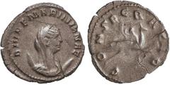 ROMAN COINS: ROMAN EMPIRE Antoniniano. Acuñada el 254 d.C. MARINIANA. Anv.: DIVAE MARINIANAE. Busto con velo a derecha, sobre media luna. Rev.: CONSECRATIO. Mariniana remontándose a los cielos a lomos