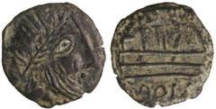CELTIBERIAN COINS ¿Semis?. IMITACIONES DEL SIGLO I A.C. DE SEMIS ROMANOS REPUBLICANOS. Anv.: Cabeza masculina tosca, laureada a derecha. Rev.: Proa de nave, debajo ROM. 1,60 grs. AE. Pátina oscura y v