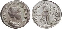 ROMAN COINS: ROMAN EMPIRE Denario. Acuñada el 223 d.C. JULIA MAESA. Anv.: IVLIA MAESA AVG. Busto a derecha. Rev.: SAECVLI FELICITAS. Felicidad en pie a izquierda con pátera y caduceo, a sus pies altar