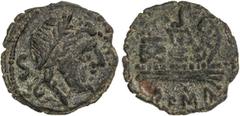 Celtiberian Coins Semis. IMITACIÓN INDÍGENA DE UN SEMIS DE LA REPÚBLICA ROMANA. Anv.: Cabeza de Saturno a derecha, detrás S. Rev.: Proa de nave a derecha, encima S, debajo ROMA. 4,50 grs. AE. Pátina v