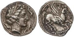 Celtiberian Coins Dracma. DRACMA IBÉRICA DE IMITACIÓN EMPORITANA. Anv.: Cabeza femenina a derecha, rodeada por tres delfines. Rev.: Pegaso a derecha, con la cabeza modificada, detrás de las patas del 
