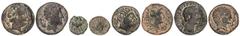 Celtiberian Coins Lote 8 monedas Cuadrante (2), Semis y As (5). DAMANIU, EMERITA AUGUSTA, UNTISCESCEN, ILTIRTA, ARSE, SEGOBRIGA, SESARS y CESE. AE. Cuadrantes: Arse y Segobriga; Semis: Untiscescen; As