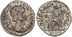 Roman Coins Denario. Acuñada el 235 d.C. ORBIANA. Anv.: SALL. BARBIA. ORBIANA. AVG. Busto diademado a derecha. Rev.: CONCORDIA AVGG. Concordia sentada a izquierda con pátera y doble cornucopia. 3,16 g