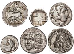 GREEK COINS Ancient Greece Lote 6 monedas. GRECIA ANTIGUA. Todos AR. Incluye: Hemidracma CHERRONESOS 480-350 a. C. Cy-1500. MBC-; Dracma ISTROS 400-350 a.C. Cy-1541. MBC; Victoriato DURRACHIUM 229-100