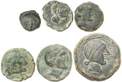 CELTIBERIAN COINS Lots and Collections Lote 6 monedas 1/2 Calco, Semis (4) y As. CARMO, GADES, LAELIA, OBULCO, SEARO, SISAPO. AE. 1/2 Calco: Gades; Semis: Carmo, Laelia, Searo y Sisapo y As: Obulco. A