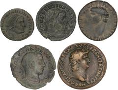 ROMAN COINS: ROMAN EMPIRE ROMAN COINS: ROMAN EMPIRE Roman Coins Lote 5 monedas Follis, As, Sestercio. ALEJANDRO SEVERO, CLAUDIO, CONSTANTINO I y CONSTANCIO II. AE. Incluye Sestercio Neron puerto de Os