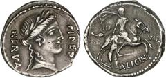 ROMAN COINS: ROMAN REPUBLIC Roman Coins - Republic Denario. 47 a.C. LICINIA. A. Licinius Nerva. Anv.: NERVA-FIDES. Rev.: III-VIR en campo, debajo A. LICIN. 3,94 grs. AR. (Rayita en anverso). MUY ESCAS