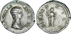 ROMAN COINS: ROMAN EMPIRE Roman Coins - Empire Denario. Acuñada el 202-212 d.C. PLAUTILLA. Anv.: PLAVTILLA AVGVSTA. Busto drapeado a derecha. Rev.: PIETAS AVGG. Piedad en pie a derecha con niño en bra