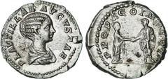ROMAN COINS: ROMAN EMPIRE Roman Coins - Empire Denario. Acuñada el 202-212 d.C. PLAUTILLA. Anv.: PLAVTILLA AVGVSTAE. Busto drapeado a derecha. Rev.: PROPAGO IMPERI. Caracalla y Plautilla dandose la ma
