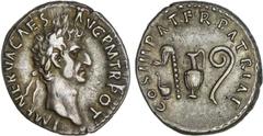 ROMAN COINS: ROMAN EMPIRE Roman Coins Denario. Acuñada el 97 d.C. NERVA. Anv.: IMP. NERVA CAES. AVG. P. M. TR. POT. Cabeza laureada de Nerva a derecha. Rev.: COS. III. PATER PATRIAE. Símpulo, aspersor