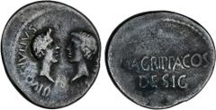 ROMAN COINS: ROMAN EMPIRE Pre-Imperial Period Denario. Acuñada el 38 a.C. JULIO CÉSAR y OCTAVIO. M. Vipsanius Agrippa. GALIA. Anv.: DIVOS IVLIVS (DIVI F). Cabezas afrontadas, Julio César con cabeza la