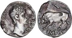 ROMAN COINS: ROMAN EMPIRE Roman Empire Denario. Acuñada el 15-13 a.C. AUGUSTO. LUGDUNUM (Lyon). Anv.: AVGVSTVS DIVI F. Cabeza descubierta de Augusto a derecha. Rev.: IMP. X. Toro a izquierda. 3,59 grs