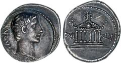 ROMAN COINS: ROMAN EMPIRE Roman Empire Denario. Acuñada el 21 a.C. AUGUSTO. PELOPONESO DEL NORTE. Anv.: AVGVSTVS. Cabeza descubierta de Augusto a derecha. Rev.: IOVI. OLVI. Templo hexástilo. 3,92 grs.