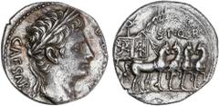 ROMAN COINS: ROMAN EMPIRE Roman Empire Denario. Acuñada el 18 a.C. AUGUSTO. COLONIA PATRICIA (Córdoba). Anv.: CAESAR AVGVSTVS. Cabeza laureada de Augusto a derecha. Rev.: S.P.Q.R. Cuadriga triunfal a 