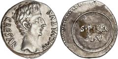 ROMAN COINS: ROMAN EMPIRE Roman Empire Denario. Acuñada el 19-18 a.C. AUGUSTO. CAESAR AUGUSTA (Zaragoza). Anv.: CAESAR AVGVSTVS. Busto de Augusto a derecha. Rev.: S.P.Q.R. / CL. V. Escudo con leyenda.