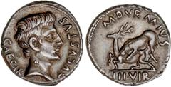 ROMAN COINS: ROMAN EMPIRE Roman Empire Denario. Acuñada el 19 a.C. AUGUSTO. M. Durmius. Anv.: CAESAR AVGVSTVS. Cabeza de Augusto a derecha. Rev.: M. DVRMIVS. III. VIR. León atacando a un ciervo a izqu