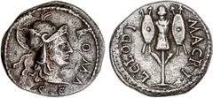 ROMAN COINS: ROMAN EMPIRE Roman Empire Denario. Acuñada el 68 d.C. CLODIO MACER. CARTAGO (?). Anv.: ROMA S.C. Cabeza de Roma a derecha. Rev.: L. CLODI. MACRI. Trofeo. 3, 96 grs. Lucio Clodio Macro (Lu