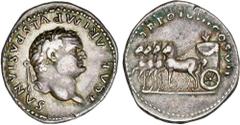 ROMAN COINS: ROMAN EMPIRE Roman Empire Denario. Acuñada el 74-79 d.C. TITO. Anv.: T. CAESAR IMP. VESPASIANVS. Cabeza laureada a derecha. Rev.: TR. POT. VIII. COS. VII. Cuadriga lenta a izquierda con e