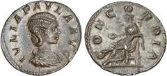 ROMAN COINS: ROMAN EMPIRE Roman Empire Denario. Acuñada el 219 d.C. JULIA PAULA. Anv.: IVLIA PAVLA. Busto a derecha. Rev.: CONCORDIA. Concordia sentada a izquierda. 2,76 grs. Suave pátina acerada con 