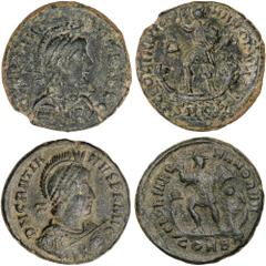 ROMAN COINS: ROMAN EMPIRE Roman Coins Lote 2 monedas Maiorina reducida 22 mm. Acuñadas el 378-383 a.C. GRACIANO. CONSTANTINOPLA y CYZICUS. Anv.: D.N. GRATIANVS P.F. AVG. Busto a derecha con casco, cor