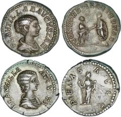 ROMAN COINS: ROMAN EMPIRE Roman Empire Lote 2 monedas Denario. Acuñadas el 202-212 d.C. PLAUTILLA. Rev.: CONCORDIAE AETERNAE. Caracalla y Plautilla dandose la mano y PIETAS AVGG. Piedad a derecha con 