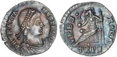 ROMAN COINS: ROMAN EMPIRE Roman Empire Silícua. Acuñada el 378-383 d.C. GRACIANO. TREVERI. Anv.: D. N. GRATIANVS P. F. AVG. Busto laureado a derecha. Rev.: VRBS ROMA. En exergo: TRPS. Roma sentada a i