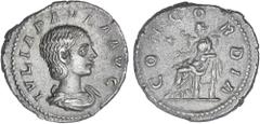 ROMAN COINS: ROMAN EMPIRE Roman Coins Denario. Acuñada el 219 d.C. JULIA PAULA. Anv.: IVLIA PAVLA. Busto a derecha. Rev.: CONCORDIA. Concordia sentada a izquierda. 3,09 grs. AR. (Leves oxidaciones lim