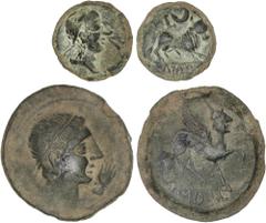CELTIBERIAN COINS CELTIBERIAN COINS Celtiberian Coins Lote 2 monedas Semis y As. 180 a.C. CASTULO (CAZLONA, Jaén). AE. As: Cabeza masculina diademada a derecha, delante mano y reverso Esfinge a derech