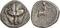 GREEK COINS Ancient Greece Tetradracma. 435-425 a.C. RHEGION. BRUTTIUM. Anv.: Cabeza de león de frente, a derecha racimo de uvas. Rev.: Iokastos sentado a izquierda, cabeza a la derecha, cetro en la m