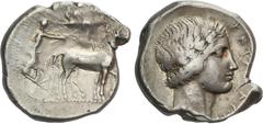 GREEK COINS Ancient Greece Tetradracma. 435-412 a.C. KATANE. SICILIA. Anv.: Auriga, sosteniendo kentron y riendas, conduciendo una cuadriga hacia la derecha; arriba, Nike volando a la derecha para cor