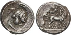 GREEK COINS Ancient Greece Tetradracma. 480-475 a.C. ACUÑADA BAJO EL REINADO DE GELÓN I. SIRACUSA. SICILIA. Anv.: Cuadriga a derecha guiada por auriga, encima Nike volando coronando al tiro. Rev.: Cab