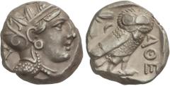 GREEK COINS Ancient Greece Tetradracma. 393-300 a.C. ATENAS. ATICA. Anv.: Cabeza de Atenea con casco adornado con rama de olivo a derecha. Estilo más avanzado, perfil de los ojos más realista. Rev.: A